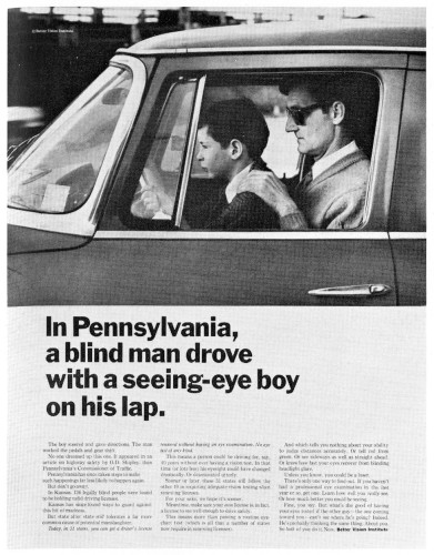 In Pennsylvania\, a blind man drove with a seeing-eye boy on his lap.