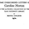Some Unrecorded Letters of Caroline Norton, in the Altschul Collection of The Yale University Library