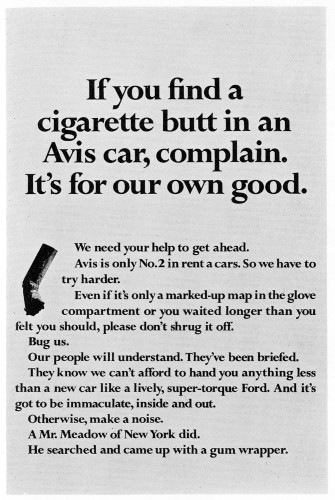 “If you find a cigarette butt in an Avis car, complain…”