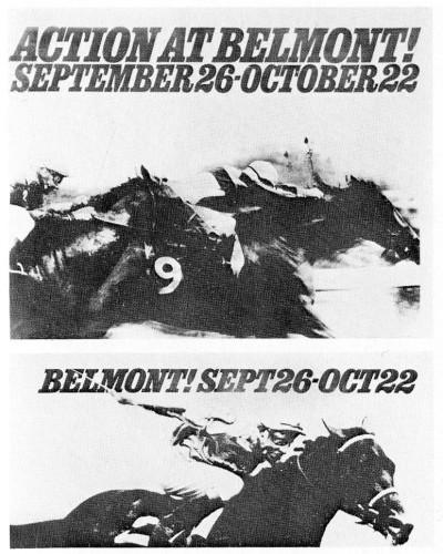 (a) Action At Belmont!  September 26–October 22, poster, (b) Belmont! September 26–October 22, poster
