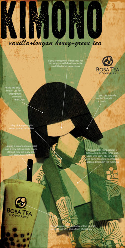 Boba Tea Company Poster Campaign (Kangaroo, Taro-Zen, Razilla, King Kona, Kimono, Tokyo Rose)